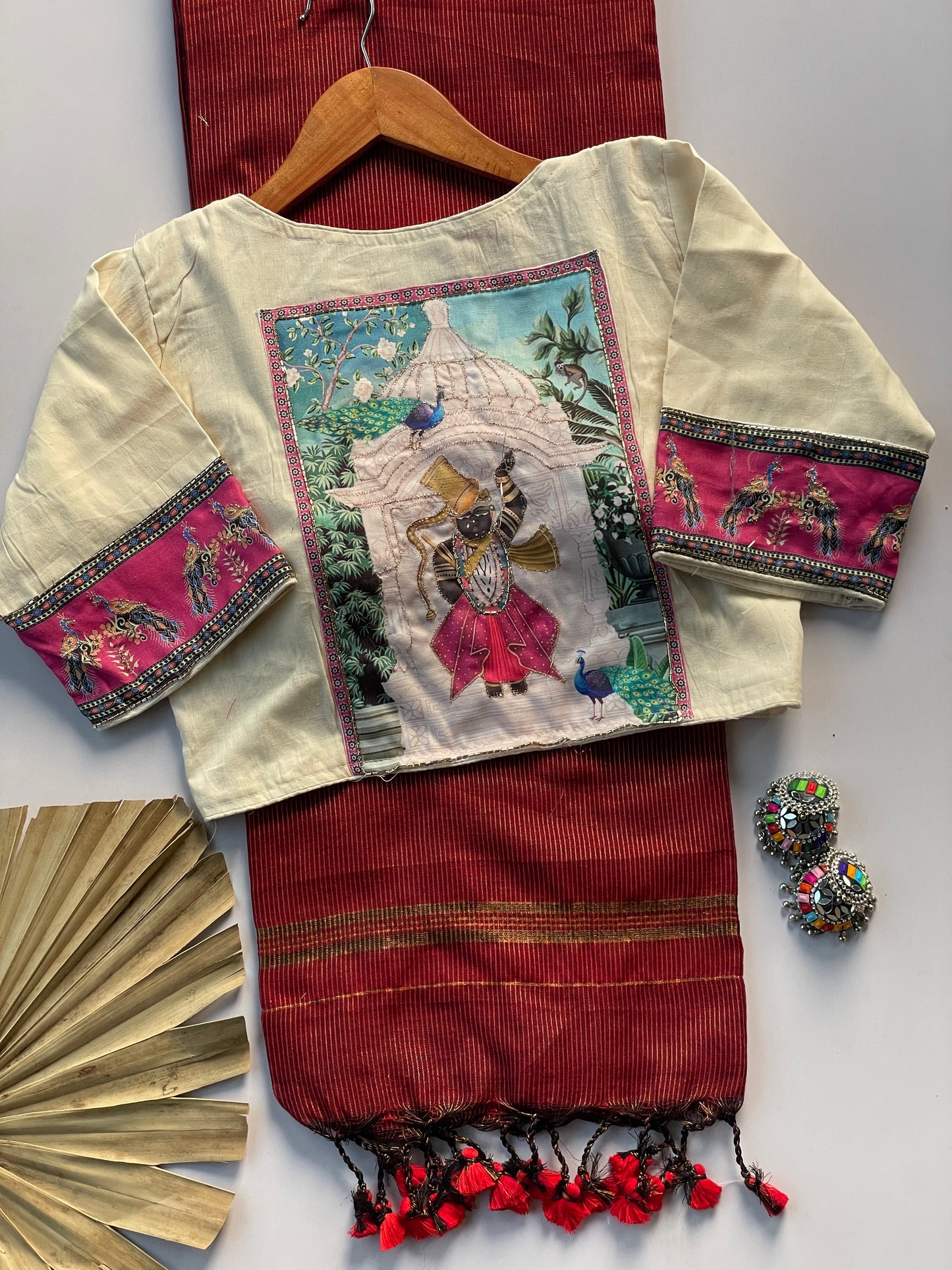 Khadi cotton saree with applic  work  stitches blouse