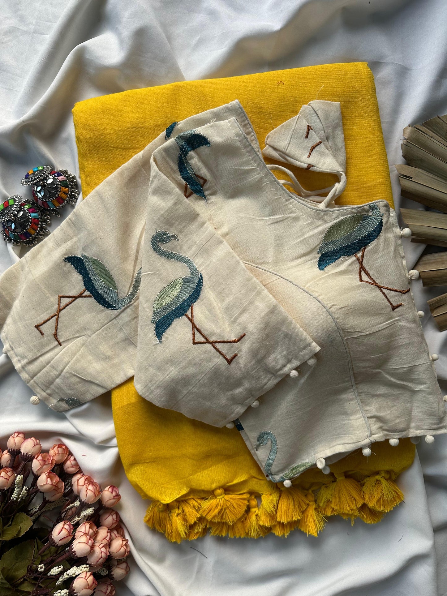 Khadi cotton with stitched Flamingo blouse