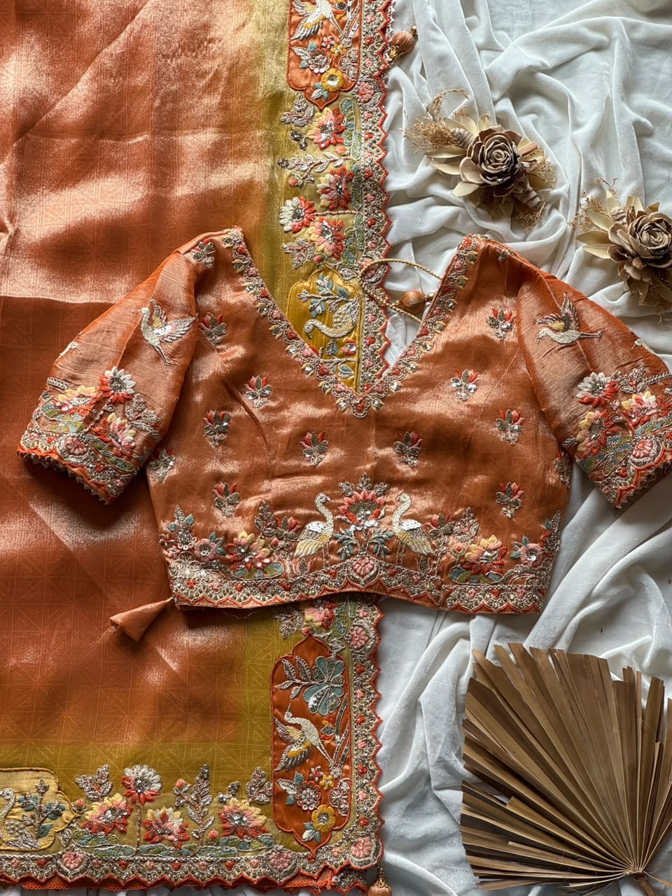 Luxe Dola silk coding work geruva saree with stitched blouse