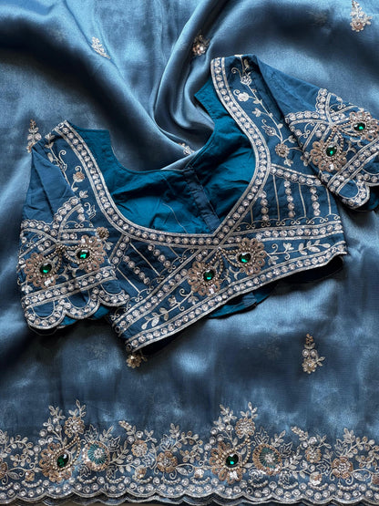 Cocktail  Ocean blue luxe Saree with stitched blouse
