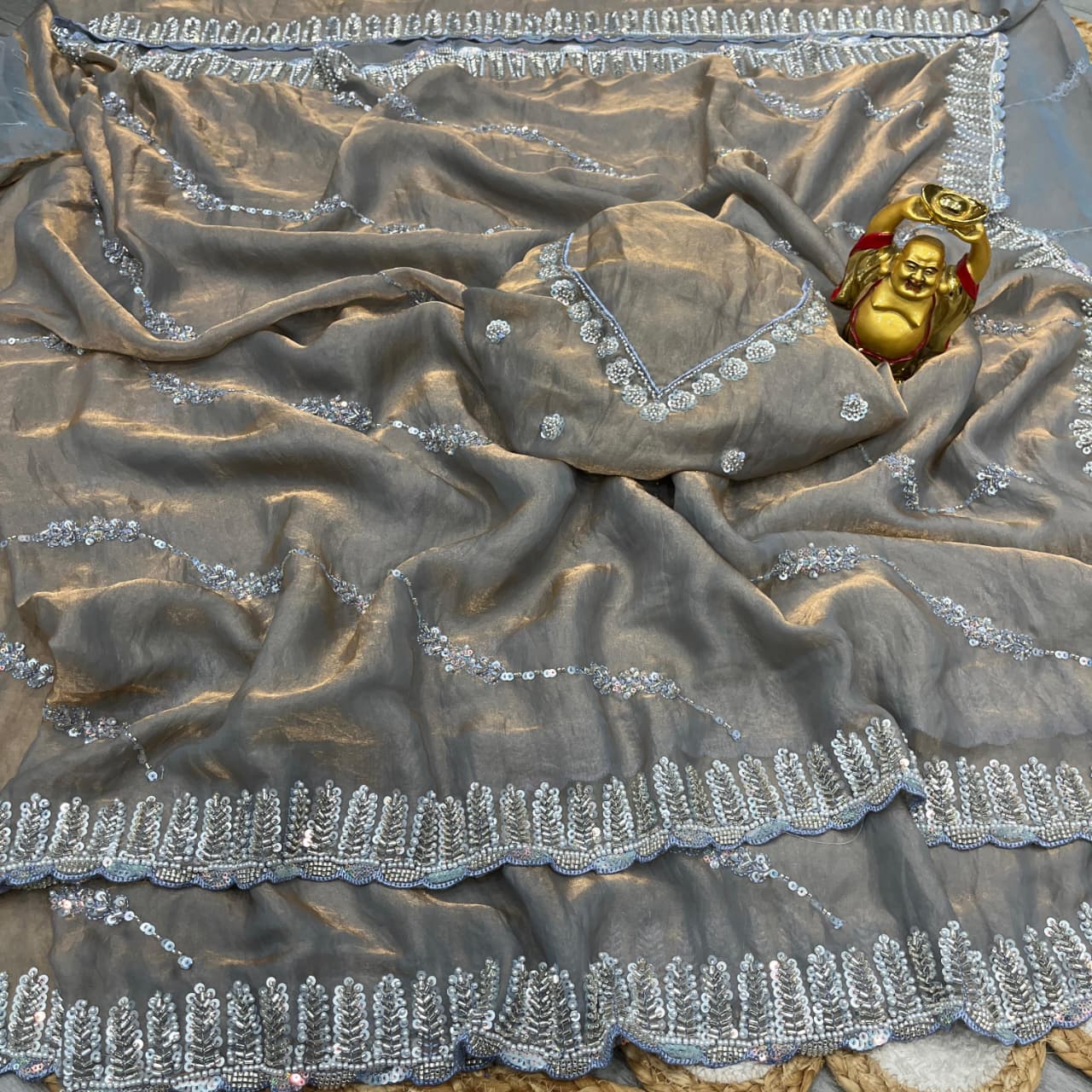 Luxurious Space Silk Saree with Original Beads Handwork