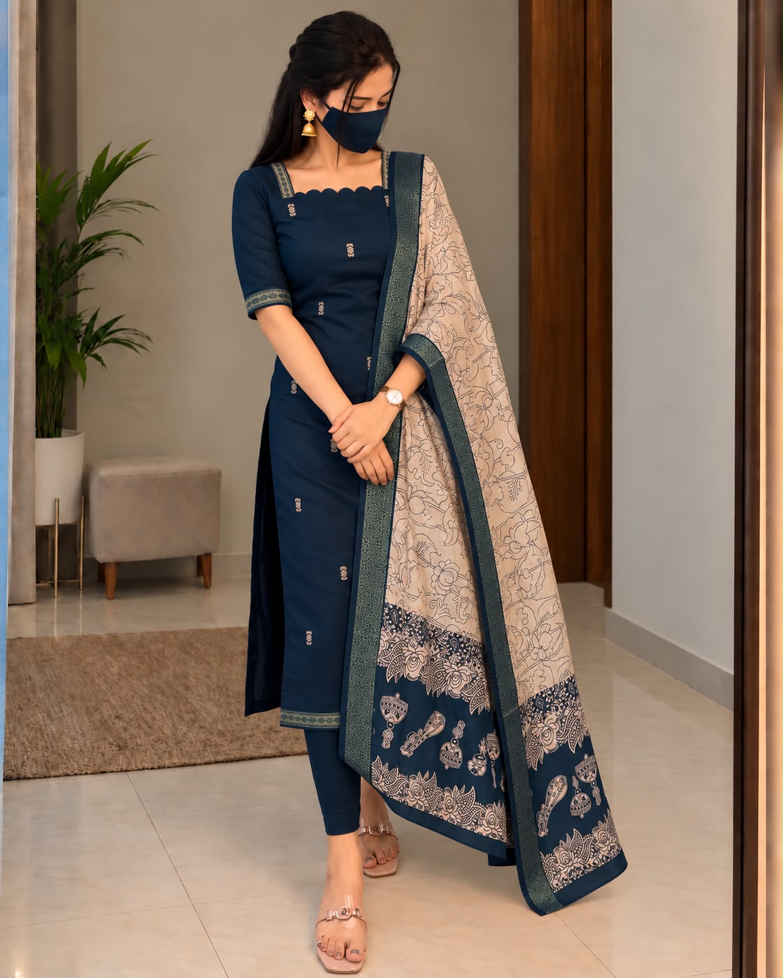 Mangalagiri Butta Silk cotton Top with Chennuri Silk Kalamkari Dupatta kurti sets