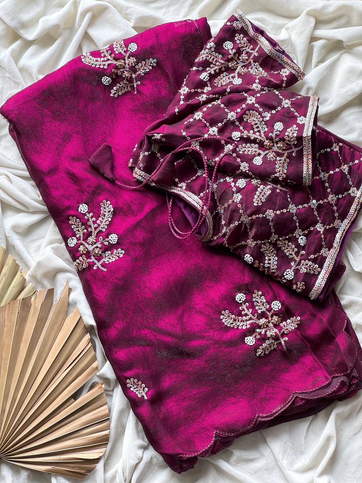 Soft silk with beads flower work saree with stitched blouse