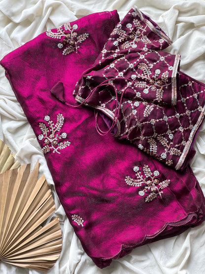 Soft silk with beads flower work saree with stitched blouse