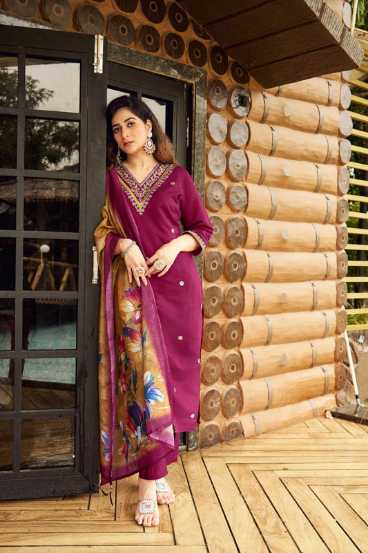 Roman silk party wear Embroidery Maroon kurti set