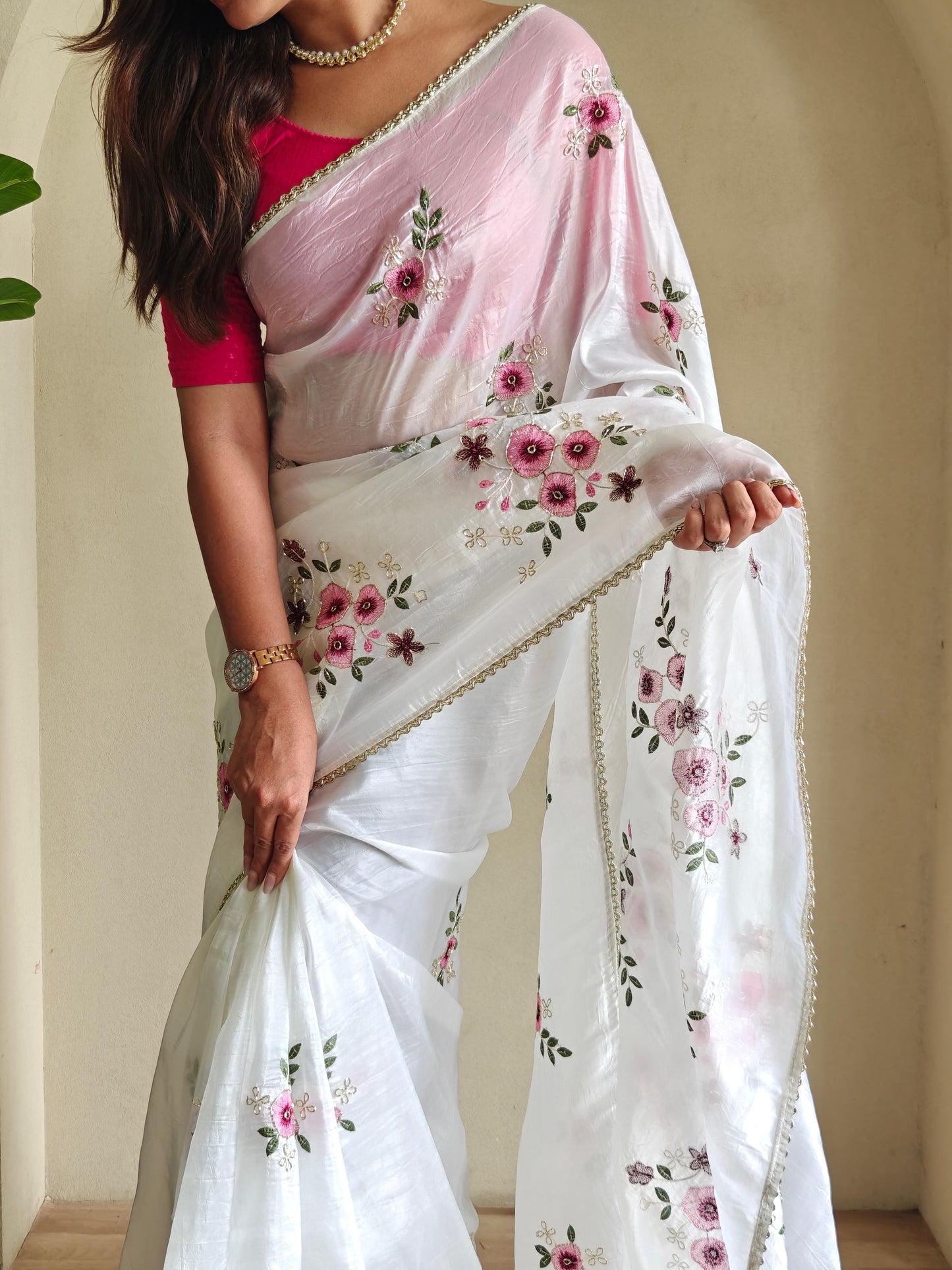 Crushed saree embroidery handwork with stitched blouse