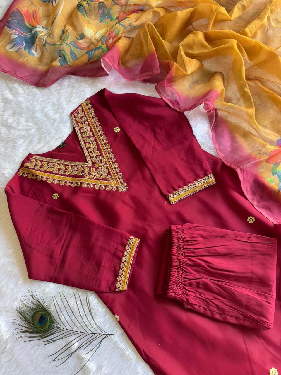 Roman silk party wear Embroidery Maroon kurti set
