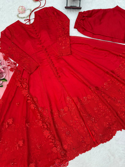 Effortless charm red velvet 3 pieces set Anarakali set