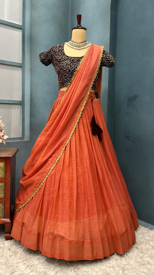 South tissue silk with velvet machine  work lehenga