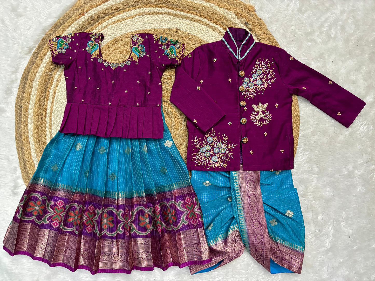 Banaras Silk Kids Wear with Maggam Handwork with boys dhoti with kurta sets