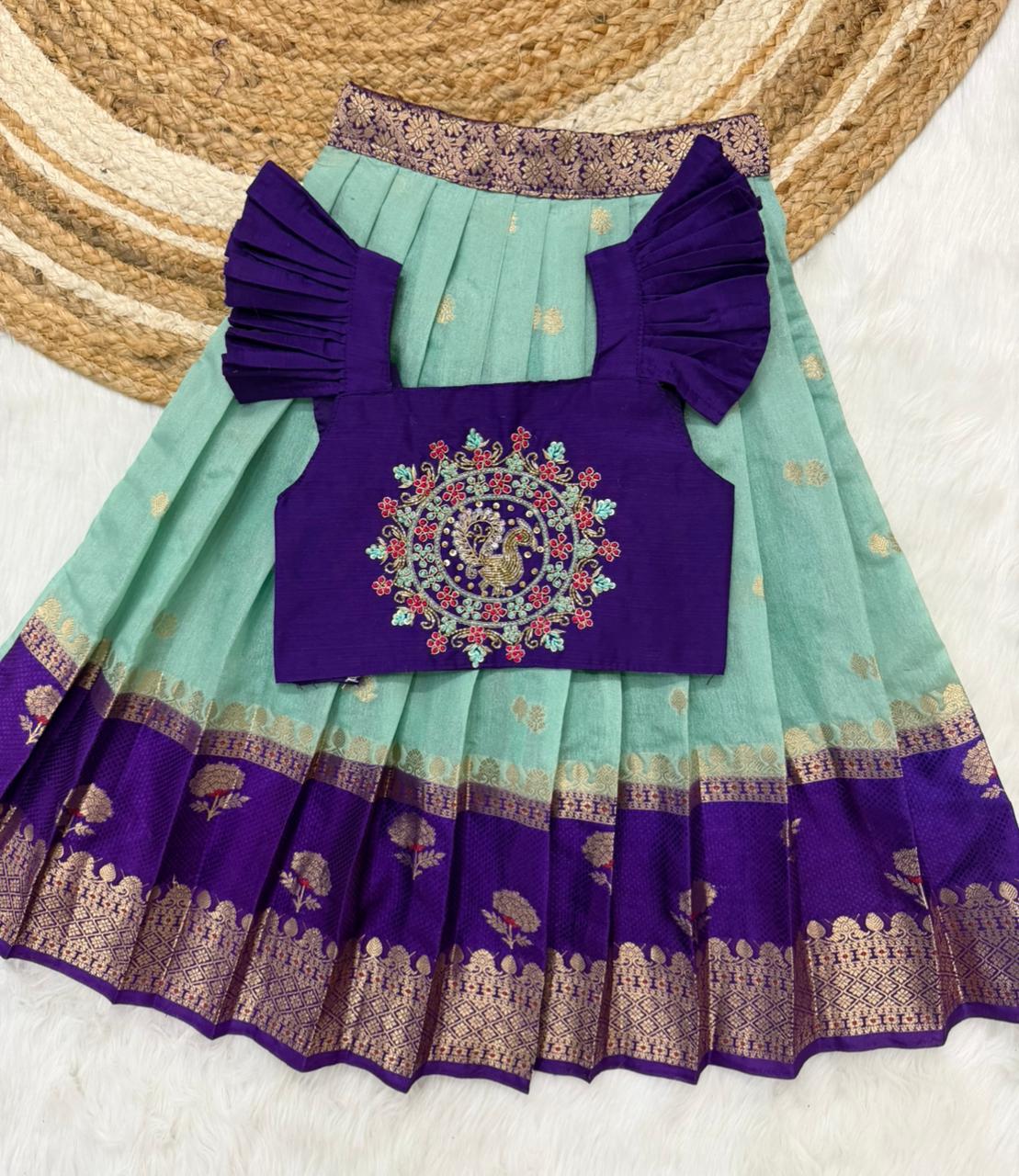 Brother & Sister Maggam Cute Traditional Combo – Banaras Silk Crop Top & Boy Kurta Dhoti Set