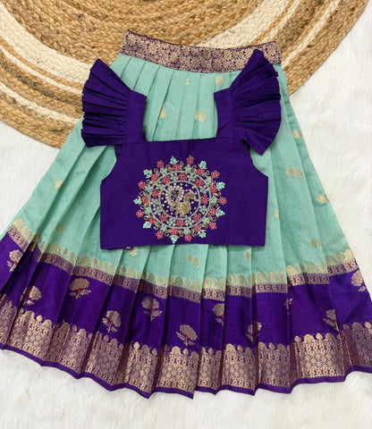 Brother & Sister Maggam Cute Traditional Combo – Banaras Silk Crop Top & Boy Kurta Dhoti Set