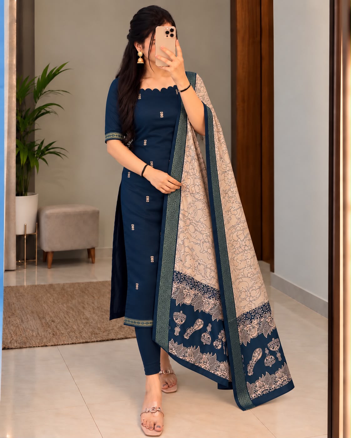 Mangalagiri Butta Silk cotton Top with Chennuri Silk Kalamkari Dupatta kurti sets