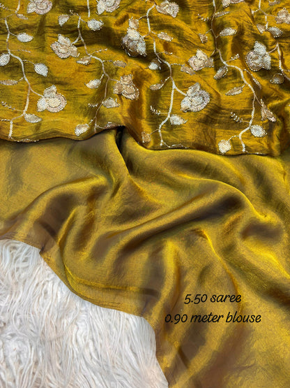Trendy budget space silk saree with bead Embroidery sarees