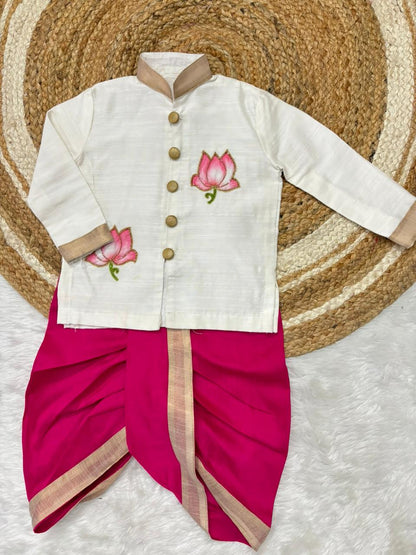Lotus Motif Kurta Dhoti Set for Boys