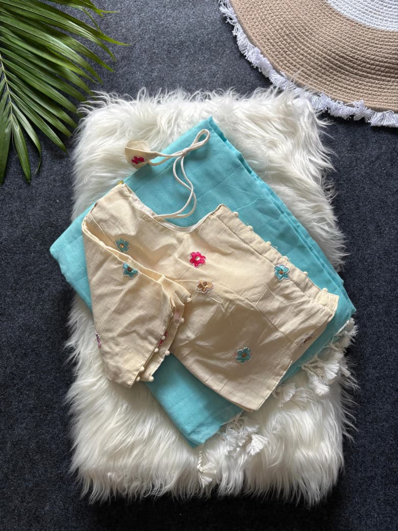 Khadi Cotton  saree with fully stitched Embroidery Blouse