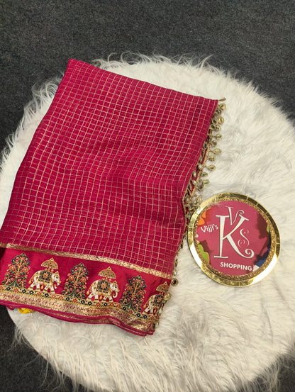 Budget viscose check with satin border golden zari white elephant saree