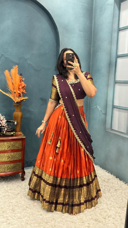 Kanchipuram Orange Trendy Aesthetic Designer Lehenga