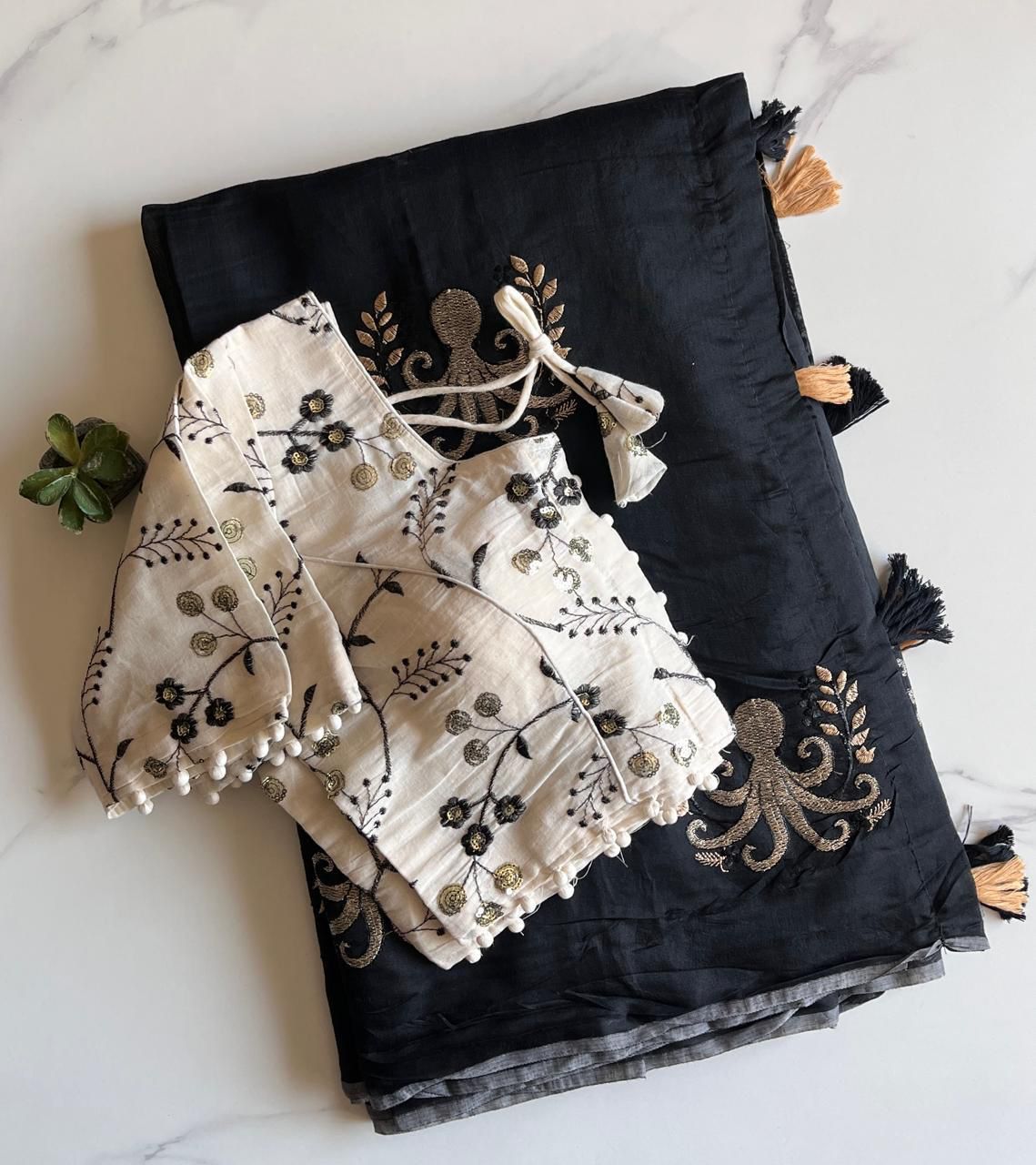 Octopus embroidery saree with stitched blouse