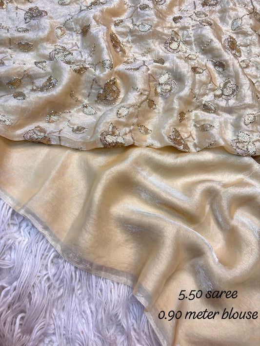 Trendy budget space silk saree with bead Embroidery sarees