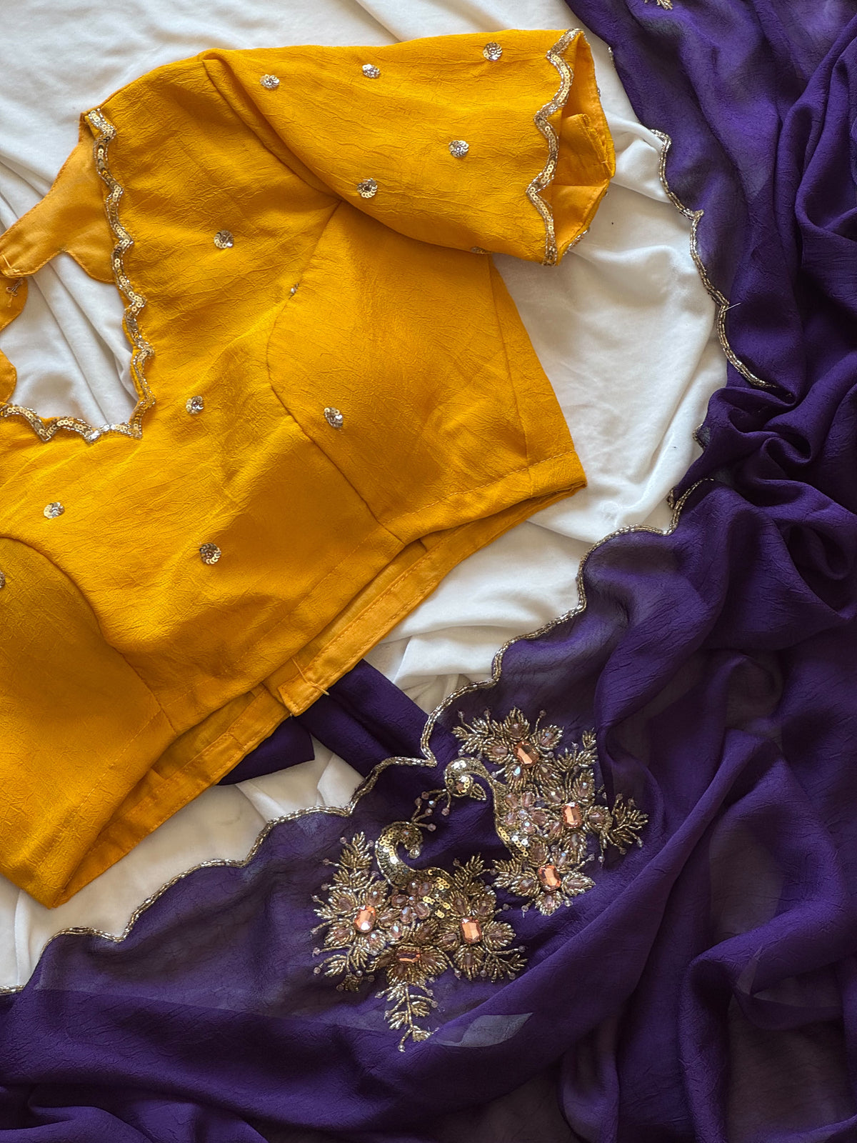 Rangoli purple yellow crush saree with stitched blouse