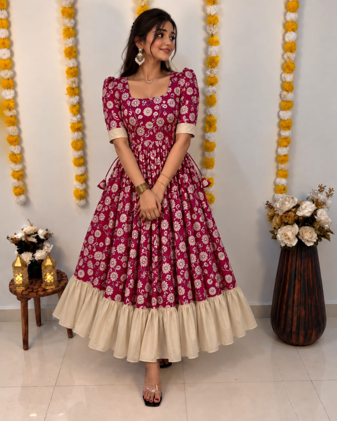Traditional Kalamkari Gowns with a Stylish Contrast Color Fusion