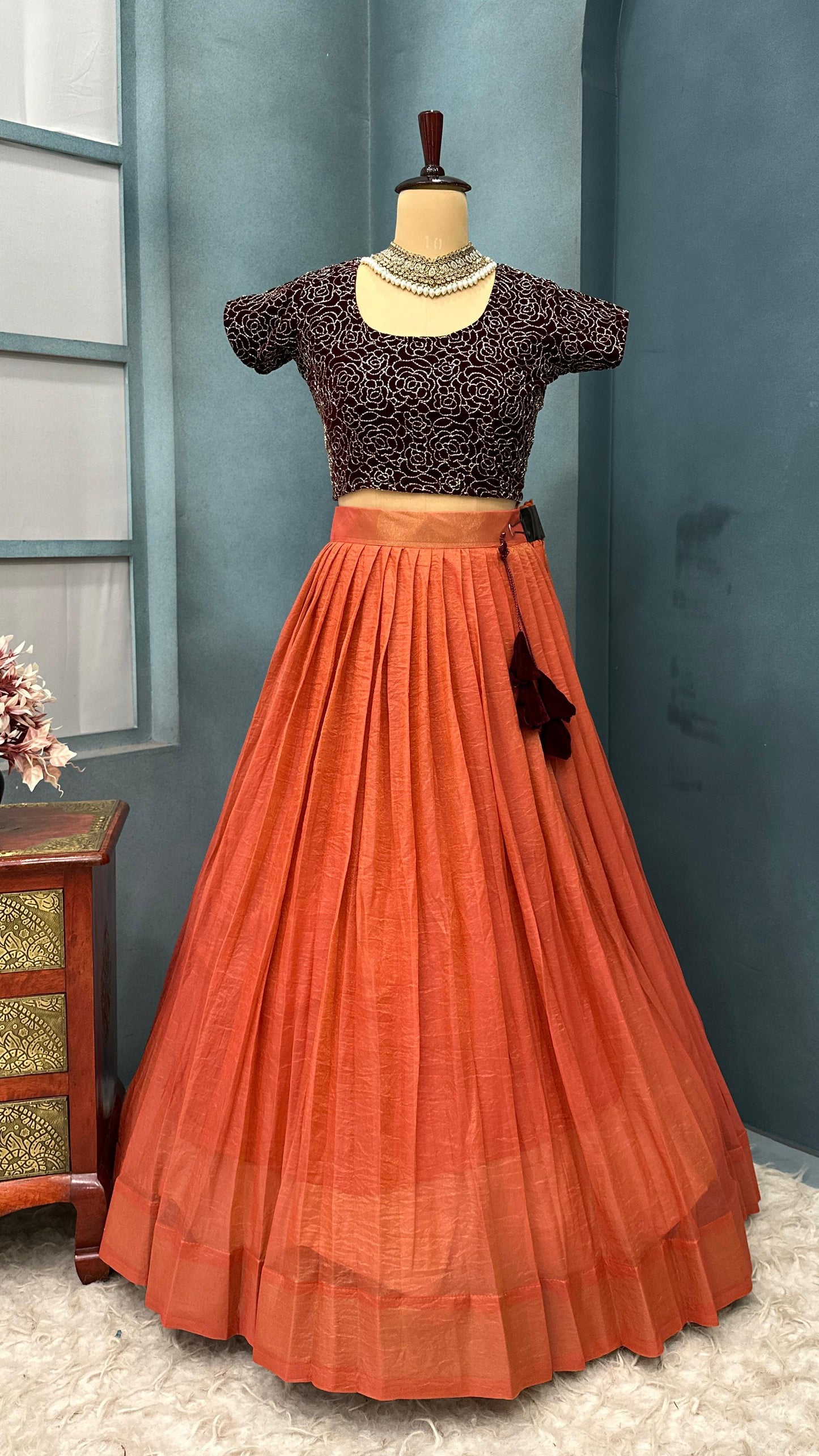 South tissue silk with velvet machine  work lehenga