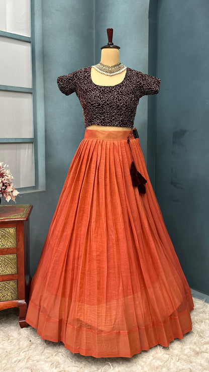 South tissue silk with velvet machine  work lehenga