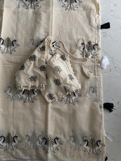 Chanderi Cotton Saree With Multy Thread Cow, Horse Work And Cotton Tussles with stitched blouse