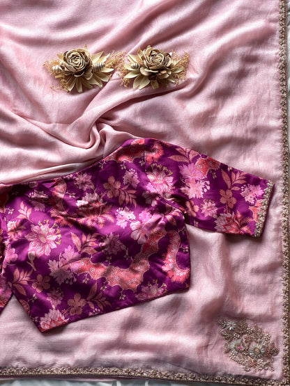 Chiffon silk saree with coding work stitched blouse
