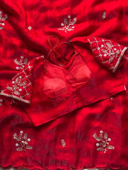 Soft silk with beads flower work saree with stitched blouse