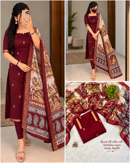 Mangalagiri Butta Silk cotton Top with Chennuri Silk Kalamkari Dupatta kurti sets