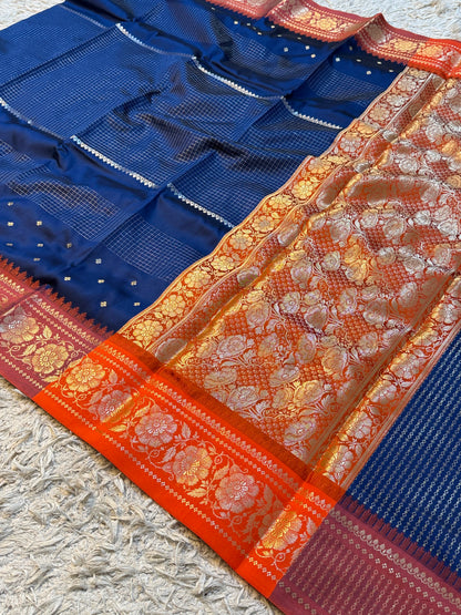 Handloom Banarasi katan soft checks booti saree