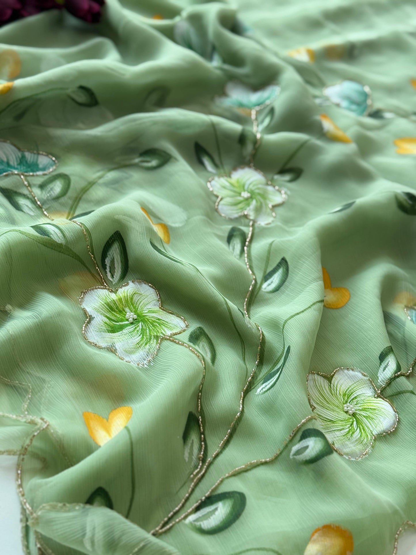 Budget chiffon Handpaint with heavy hand work saree