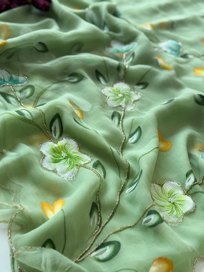 Budget chiffon Handpaint with heavy hand work saree