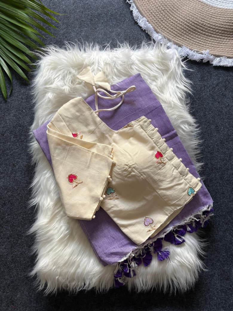 Khadi Cotton  saree with fully stitched Embroidery Blouse