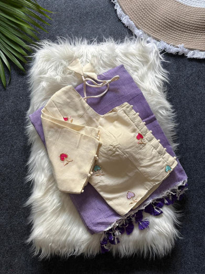 Khadi Cotton  saree with fully stitched Embroidery Blouse