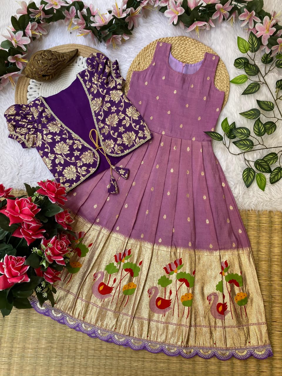 Kids gown with coat pure tissue silk fabric