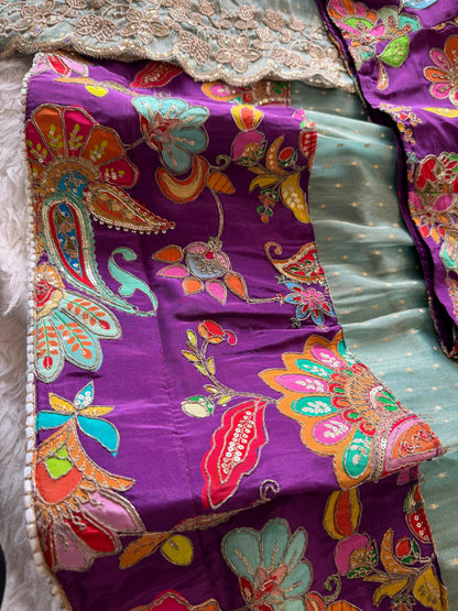 Position embroidery salsa handwork  designer lehenga