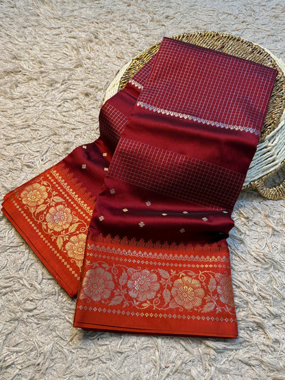 Handloom Banarasi katan soft checks booti saree