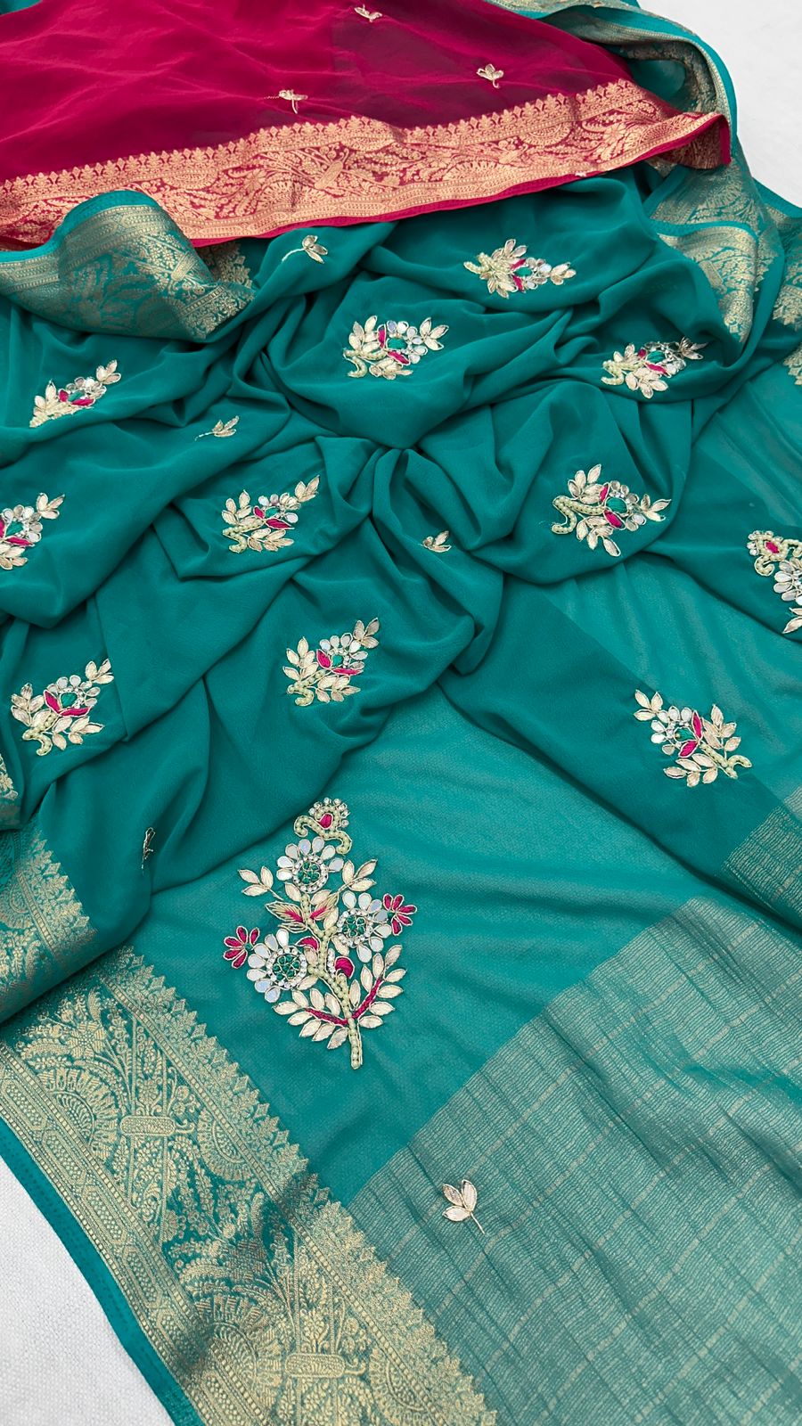 Hand work saree with contrast blouse