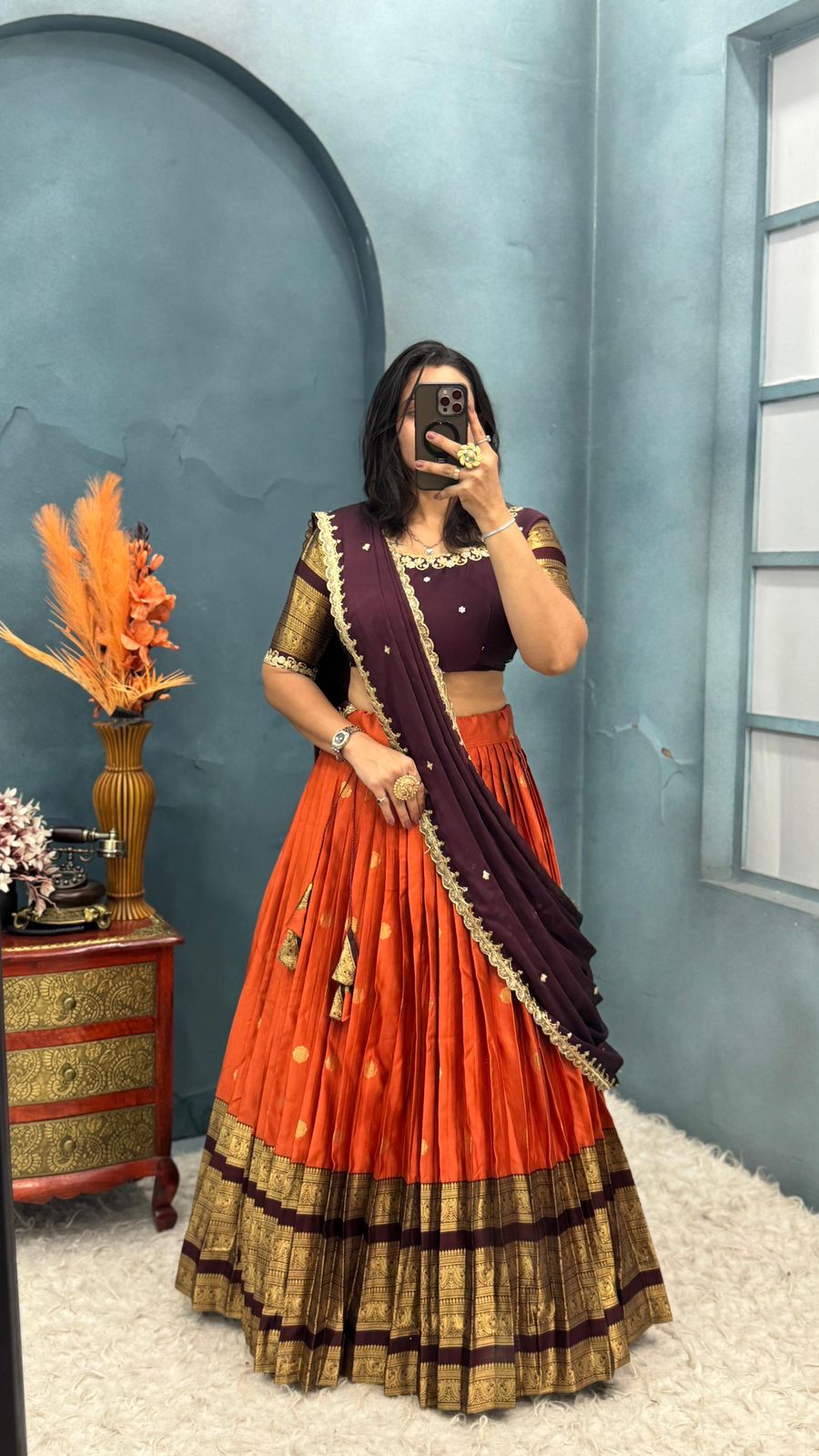 Kanchipuram Orange Trendy Aesthetic Designer Lehenga