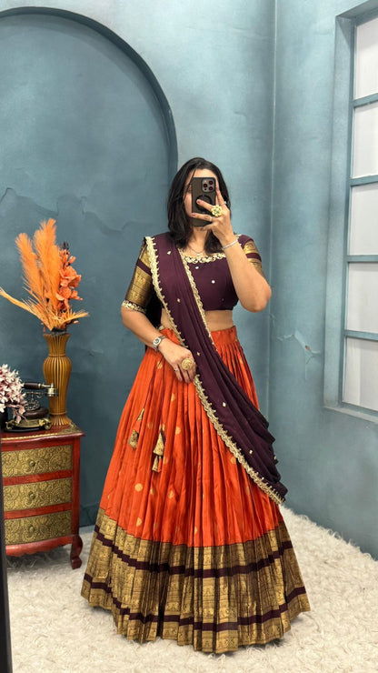 Kanchipuram Orange Trendy Aesthetic Designer Lehenga