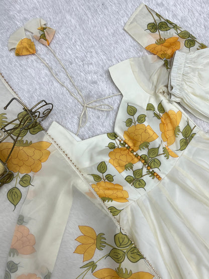 Classic Yellow Floral Printed Organza Anarkali sets