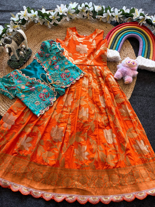 Khadi Georgette 2 in One Gown with Coat sets Kids Gowns