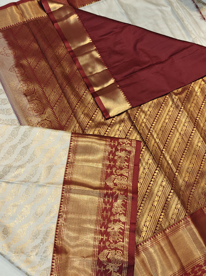 Kanchi Semi pattu saree contrast half white with maroon traditional