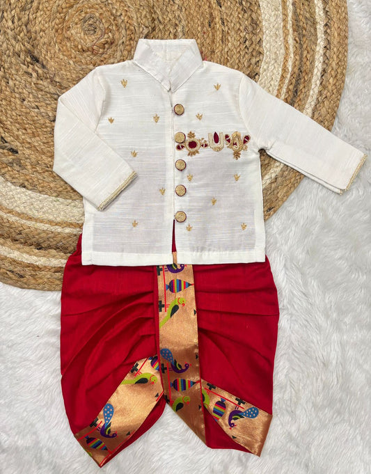 Boys Ethnic Raw Silk Dhoti Set with Paithani Border