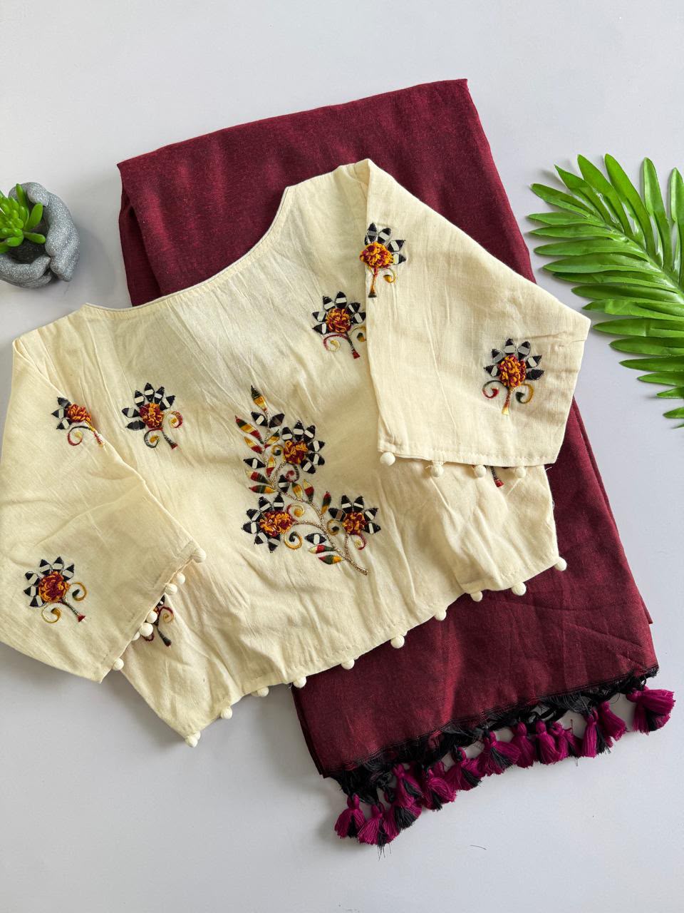 Cotton saree with stitched blouse