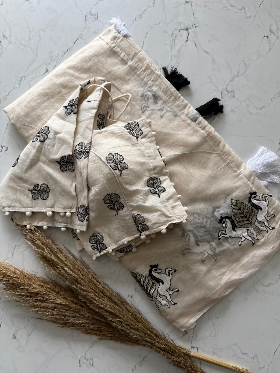 Chanderi Cotton Saree With Multy Thread Cow, Horse Work And Cotton Tussles with stitched blouse