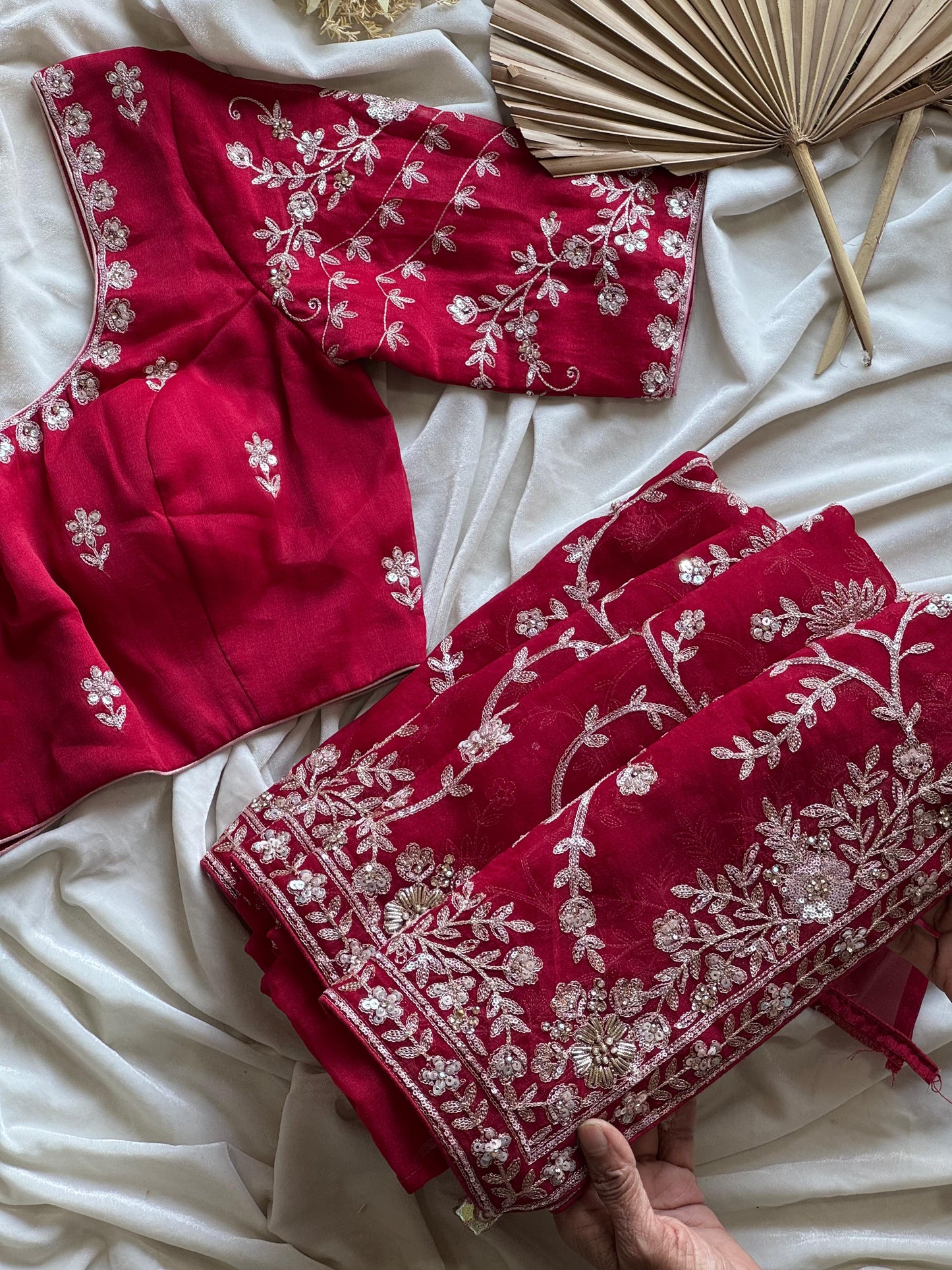 Cherry Aari Work And Handwork saree with stitched Luxe blouse